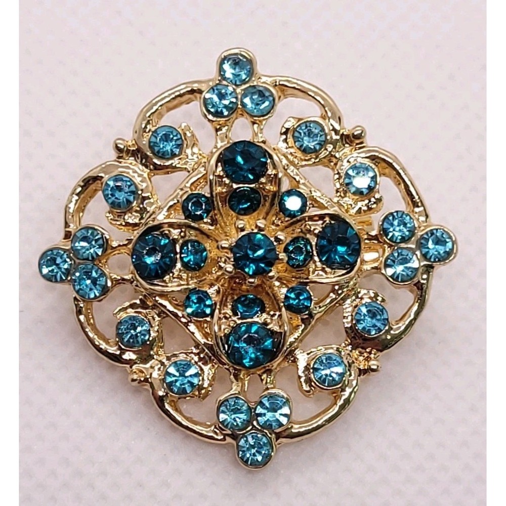 Modern Gold Tone Blue Rhinestone Openwork Floral Brooch Pin 34mm